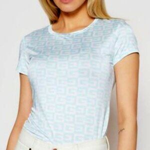 Guess | Slinky Short Sleeve G Checker Logo Top White & Pastel Turquoise | Medium
